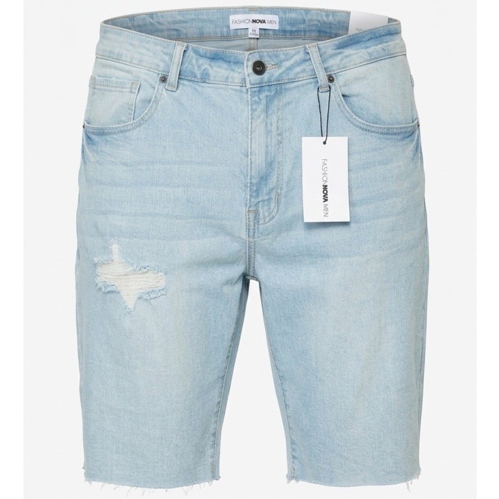 Fashion Nova Men Earl Denim Shorts Light Blue Wash Distressed Raw Hem FNM02 38